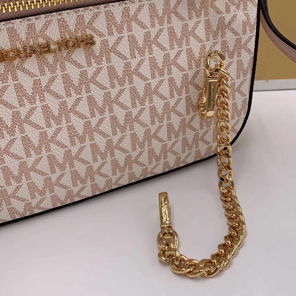 MICHAEL KORS LARGE EAST WEST ZIP CHAIN XBODY OPTIC WHITE ROSE GOLD COLOR
